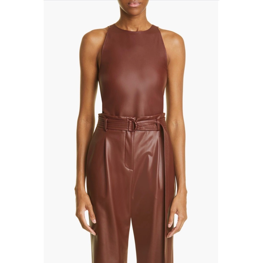 LAPOINTE‎ Faux Leather Bodysuit Black Cherry Burgundy High Neck Sleeveless